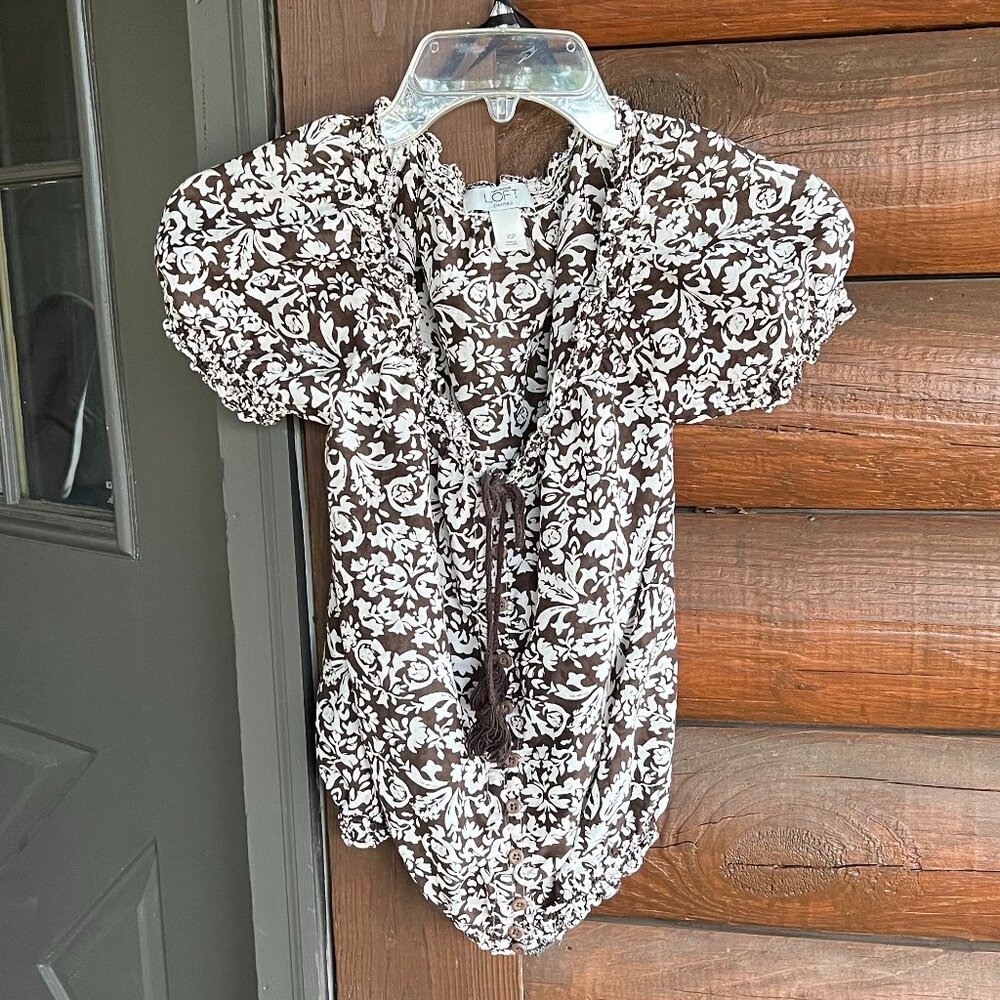 Ann Taylor LOFT Petites Cotton & Silk Brown & White Patterned Top, Size XSP
